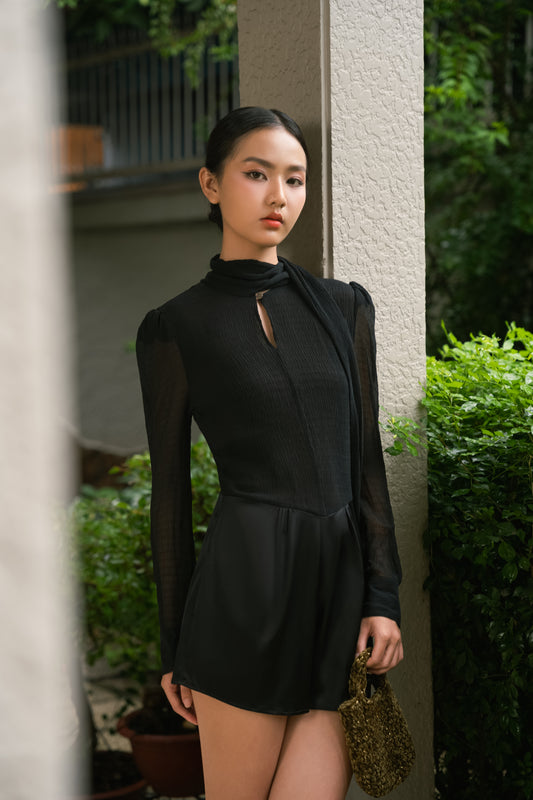 Noir Sheer-Sleeve Jumpsuit